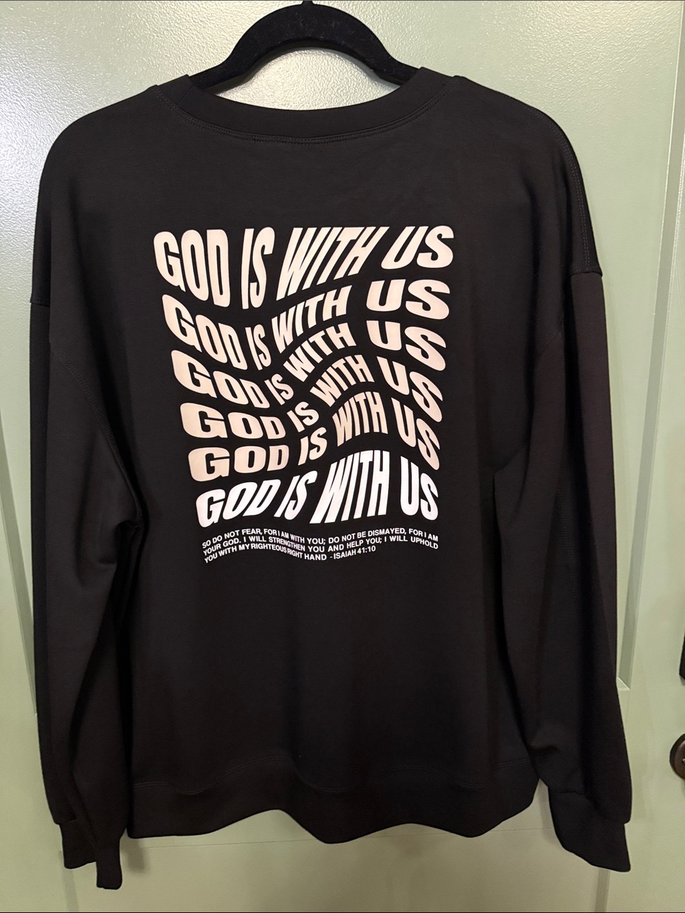 NWT Yelete Black Crewneck Sweater with White Graphic Text